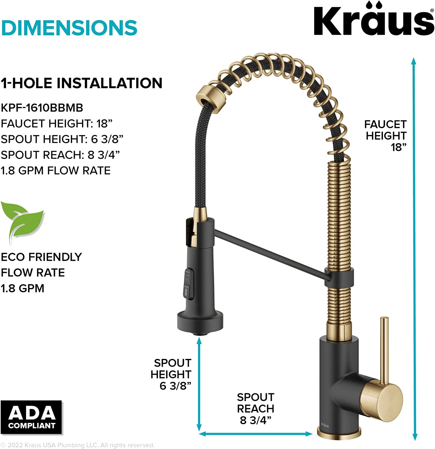 KPF-1610BG Bolden 18-Inch Commercial Kitchen Faucet with Dual Function Pull-Down Sprayhead in All-Brite Finish, 18 Inches, Brushed Gold