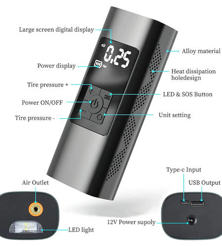 Tire Inflator, Portable 150 PSI Air Compressor Bicycle Pump with Digital Pressure Gauge, Cordless Rechargeable Tire Pump with LED Light, Mini Electric Air Pump for Car Bike Motorcycle Ball