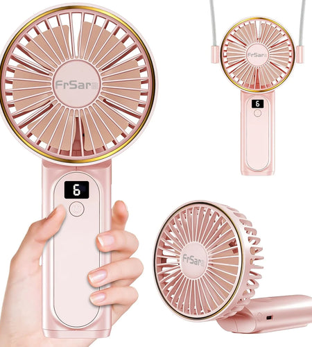 Portable Handheld Mini Fan, Neck Fan, 4000Mah Desk Fan, 180° Adjustable, 6 Speed Wind, Display Electricity in Real Time, USB Rechargeable Foldable Fan, Quiet Personal Fan with Power Bank Pink