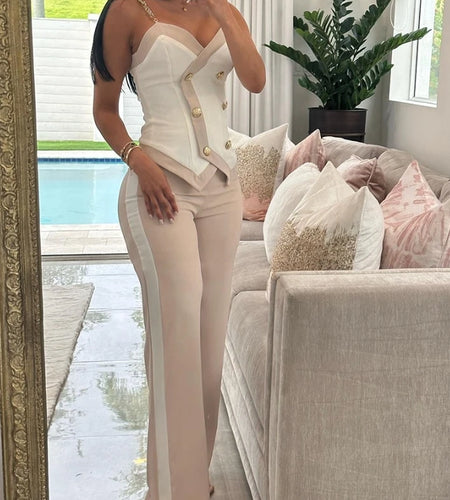 Women'S Sexy Double Breasted Chain Strap Cami Top & Casual High Waist Leg Pants Set Female Fashion Trousers Sets 2 Piece Outfits