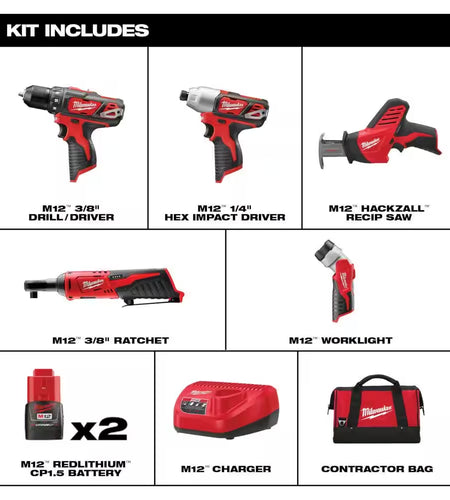 M12 12V Lithium-Ion Cordless Combo Kit (5-Tool) with Two 1.5Ah Batteries, Charger & Tool Bag