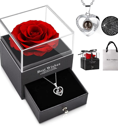 Mothers Day Gifts for Mom - Preserved Real Rose with Necklace, Eternal Rose Flower with Jewelry Storage Box, Love You Necklace in 100 Languages, Gifts for Christmas Birthday Valentines Day