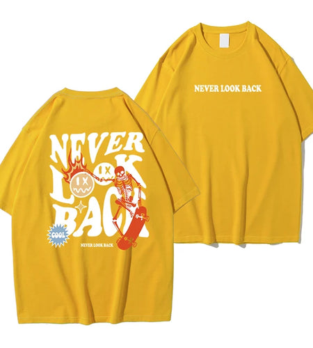 Never Look Back Creative Smile Skull Printing Cartoons Street Print Tshirt Man Loose Tee Clothes Cotton Crewneck Tops T-Shirt