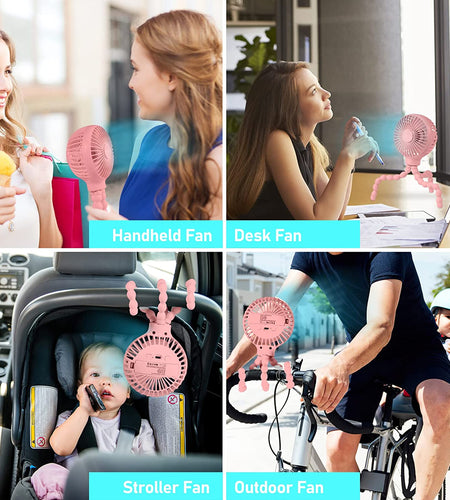 Stroller Fan Upgraded Portable Fan Versatile Fan Personal Desk Fan USB Rechargeable Fan with LED Light and Aromatherapy Flexible Tripod Design Handheld Fan 3 Speeds Baby Fan for Stroller（Pink）