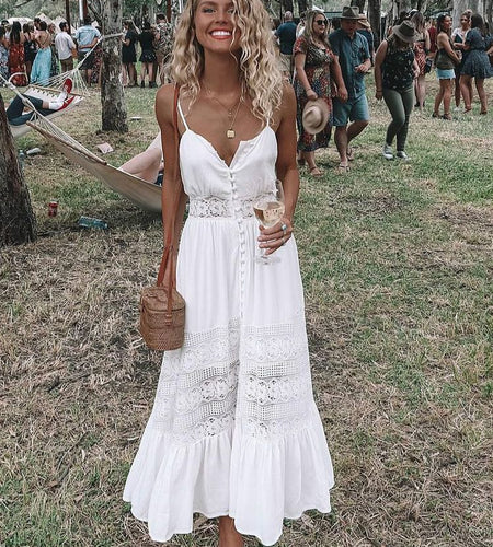 Summer Fashion Boho Long Dress Women Ladies Sleeveless White Lace Beach Dress Evening Party Casual Dresses Vestidos