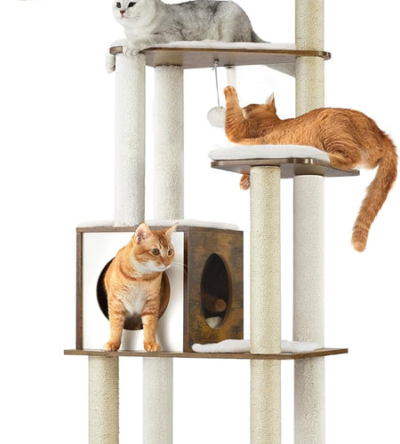 Woodywonders Cat Tree, 65-Inch Modern Cat Tower for Indoor Cats, Multi-Level Cat Condo with 5 Scratching Posts, Perch, Washable Removable Cushions, Cat Furniture, Rustic Brown UPCT166X01