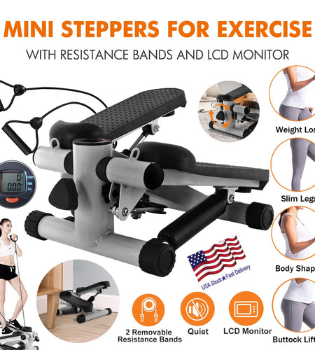 Steppers for Exercise,Stair Stepper with Resistance Bands,Mini Aerobic Stepper Exercise Machine,Stair Climber Equipment with LCD Monitor,White