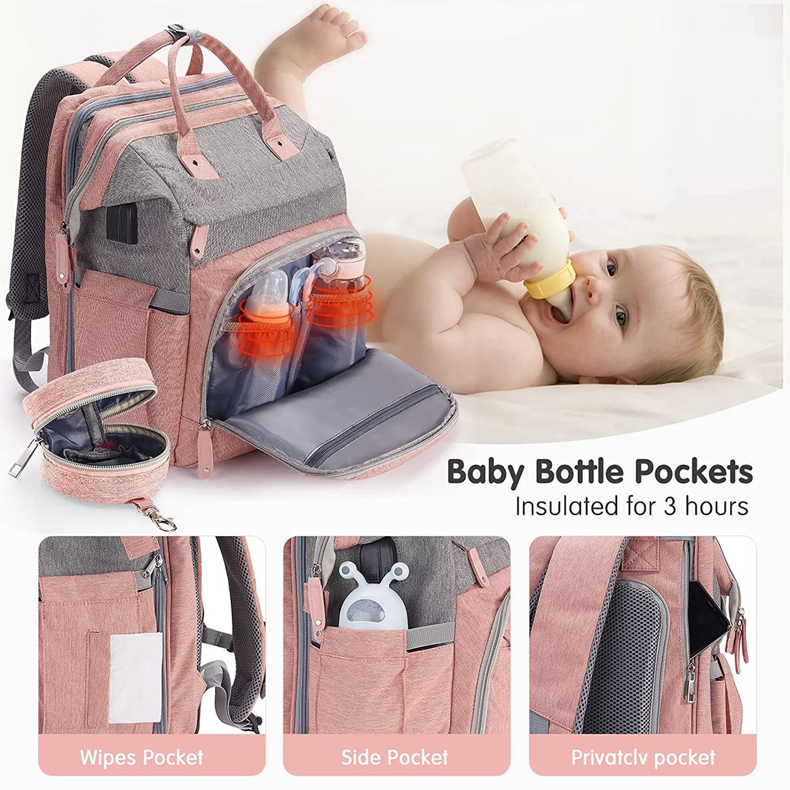 Baby Diaper Bag Backpack, Diaper Changing Station,Waterproof Changing Pad, Pacifier Case Black Color