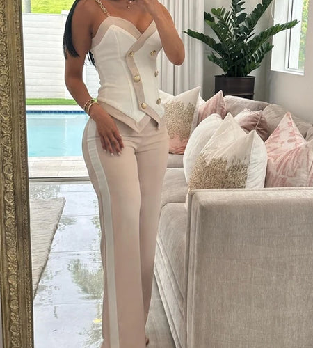 Women'S Sexy Double Breasted Chain Strap Cami Top & Casual High Waist Leg Pants Set Female Fashion Trousers Sets 2 Piece Outfits