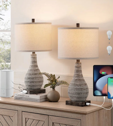 Aphsana 24 Inch Farmhouse Touch Control Table Lamp Set with USB & Type C Port
