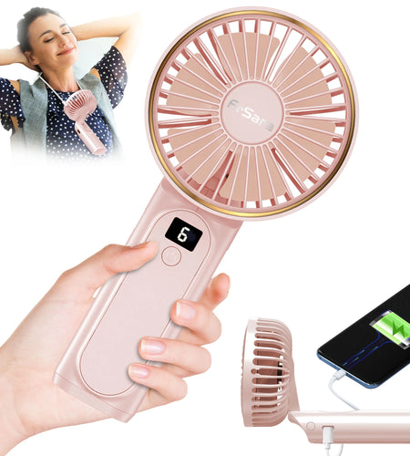 Portable Handheld Mini Fan, Neck Fan, 4000Mah Desk Fan, 180° Adjustable, 6 Speed Wind, Display Electricity in Real Time, USB Rechargeable Foldable Fan, Quiet Personal Fan with Power Bank Pink