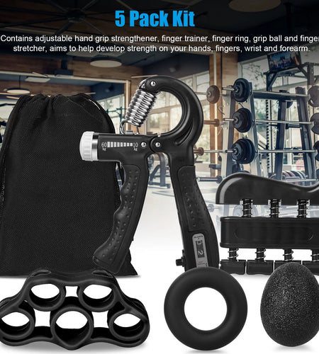 5Pcs Hand Grip Strengthener Forearm Workout Kit,  Grip Strength Trainer, Adjustable Resistance 22 to 132Lbs Hand Gripper, Finger Exerciser, Finger Stretcher, Grip Loop, Stress Relief Grip Ball