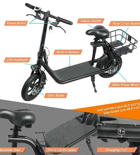 450W 36V Folding Sports Electric Scooters Bike E-Scooter with Seat Ebike Biycle Moped for Adult Commuter, Red