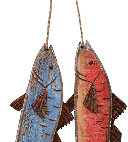 Hanging Wooden Fish Rustic Indoor Outdoor Wood Fish Decor Decorated Retro Wall Decorations Nautical Wood Fish Hanging Fish Decorations Nautical Outdoor Wall Decor Fish Wall Art Decor (8.6" H)