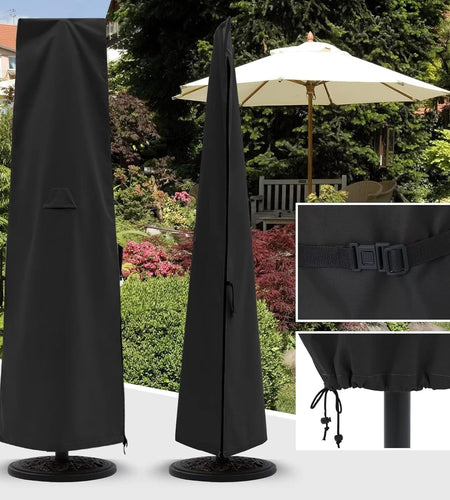 Patio Umbrella Cover for 6.5FT to 14FT Market Umbrella Waterproof Outdoor Umbrella Cover with Zipper and Rod, Large,Black