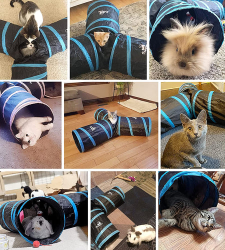 Cat Toys, Cat Tunnel Tube 3-Way Tunnels Extensible Collapsible Cat Play Tent Interactive Toy Maze Cat House Bed with Balls and Bells for Cat Kitten Kitty Rabbit Small Animal