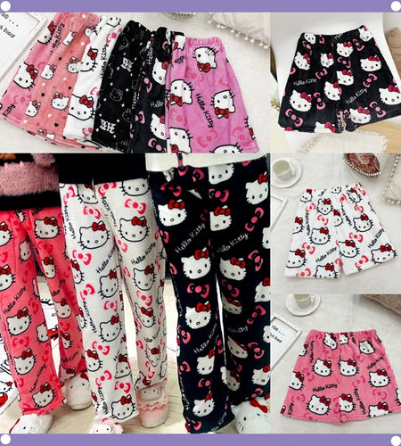 Sanrio Hello Kitty Anime Y2K Kawaii Flannel Pajamas Women'S Warm Woolen Cartoon Casual Home Pants Autumn Winter Fashion Trousers