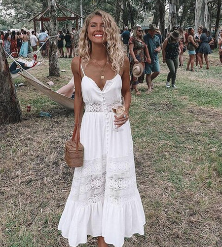 Summer Fashion Boho Long Dress Women Ladies Sleeveless White Lace Beach Dress Evening Party Casual Dresses Vestidos